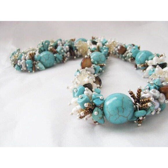 Turquoise Multi-Gemstone Fresh Water Pearl Cluster Wire wrapped Necklace - Picture 8 of 8